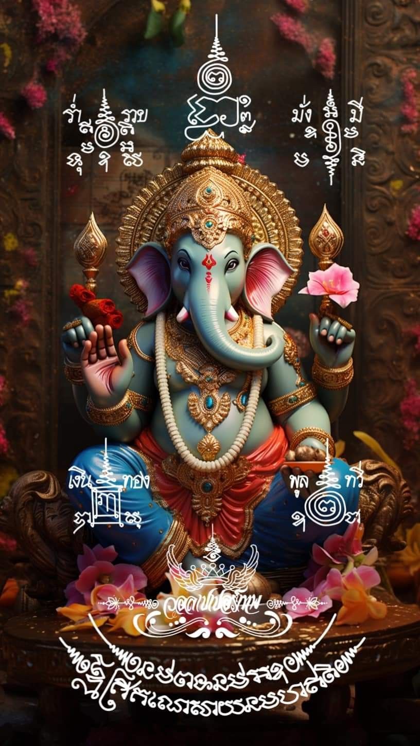 Radiant Ganesha with floral backdrop