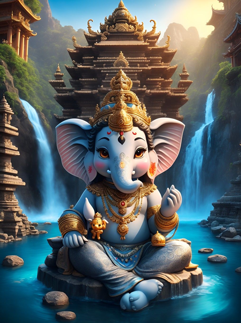 Ganesha amidst waterfalls and temple.