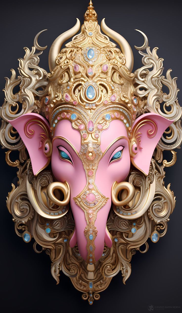 Golden crowned Ganesha head portrait