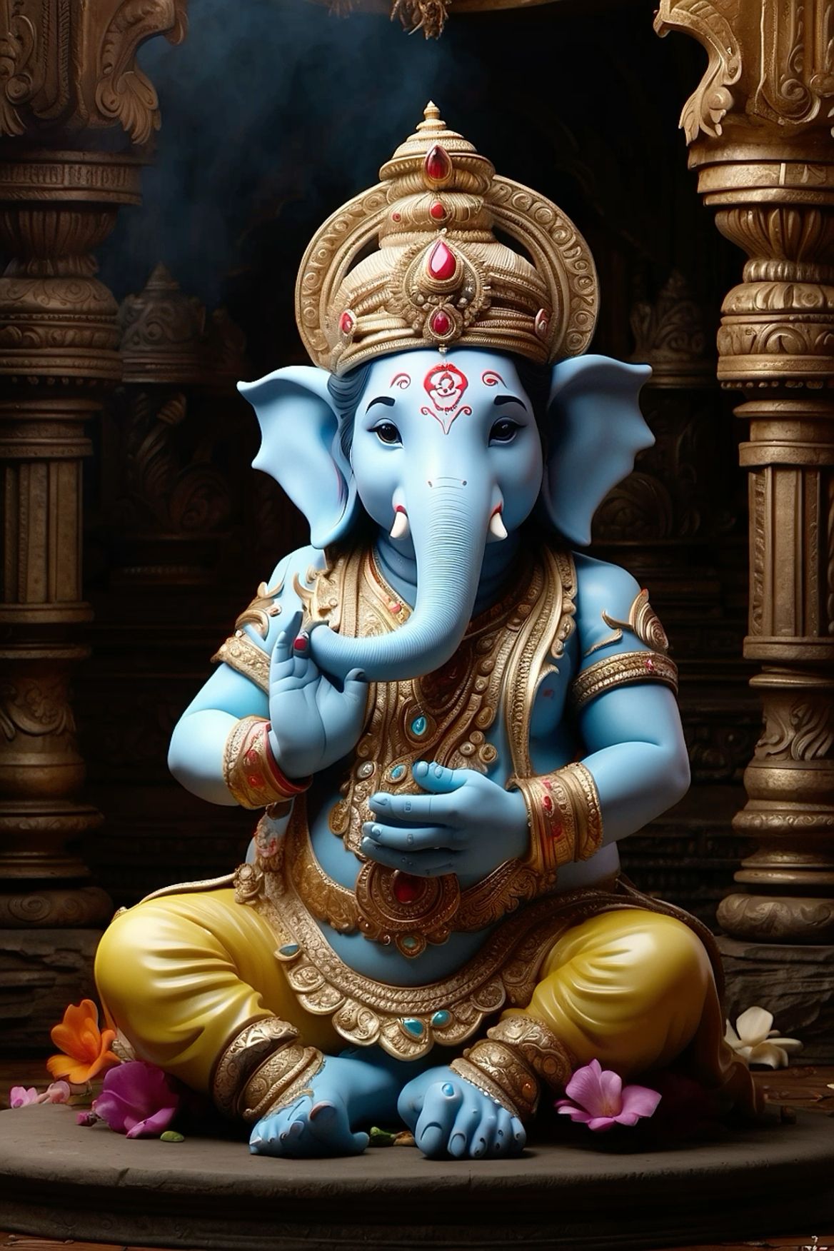 Blue Ganesha statue with lotus flowers