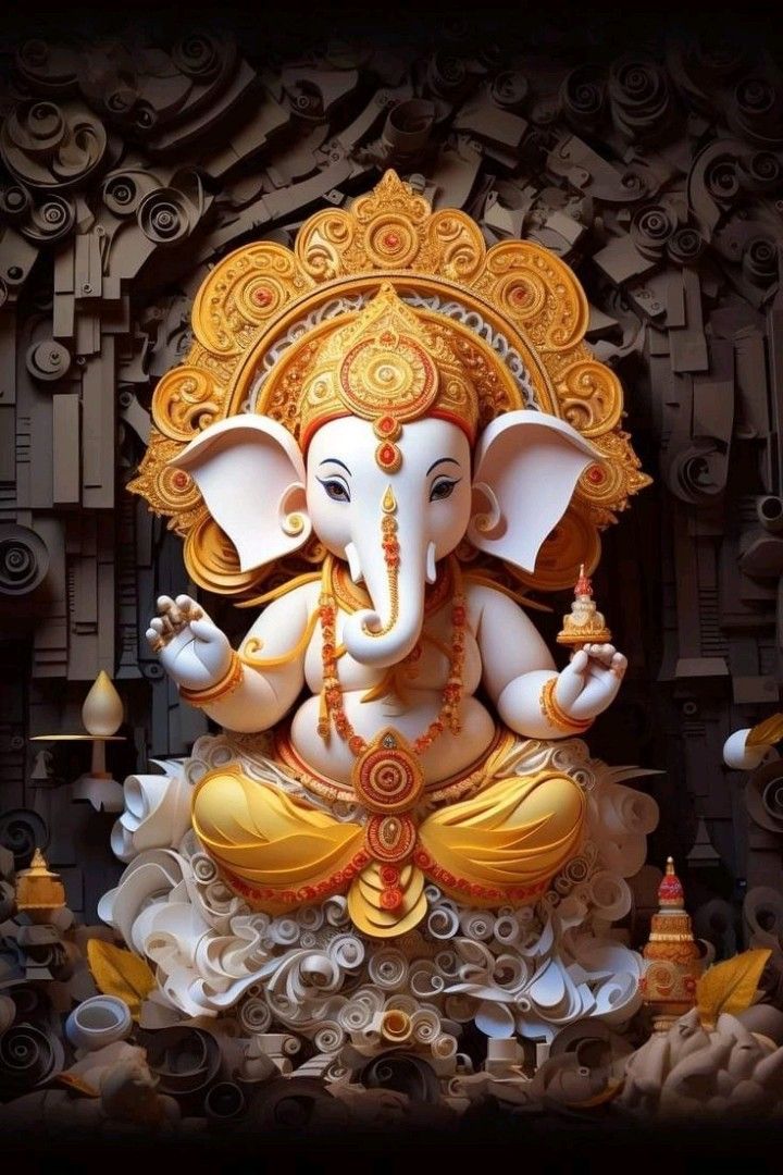 Golden Ganesha statue, intricate digital artwork.