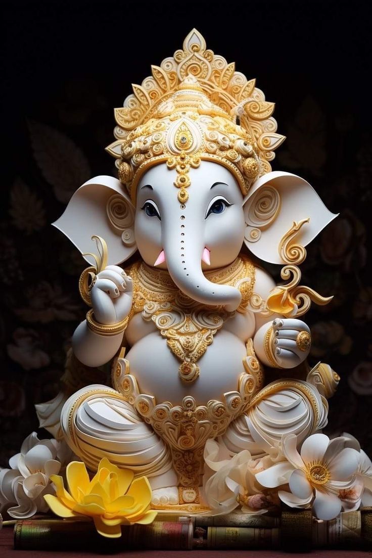 Lord Ganesha with golden ornaments and lotus