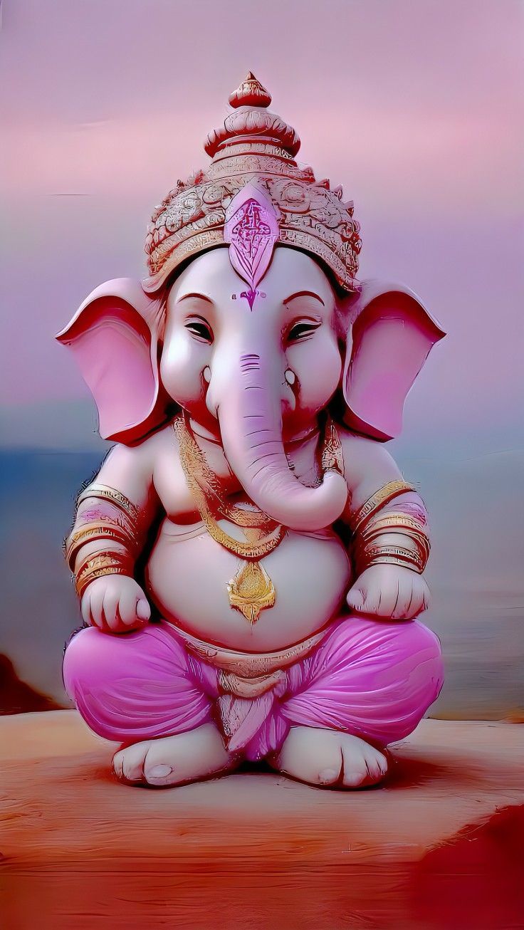 Smiling Ganesha idol with pink lotus