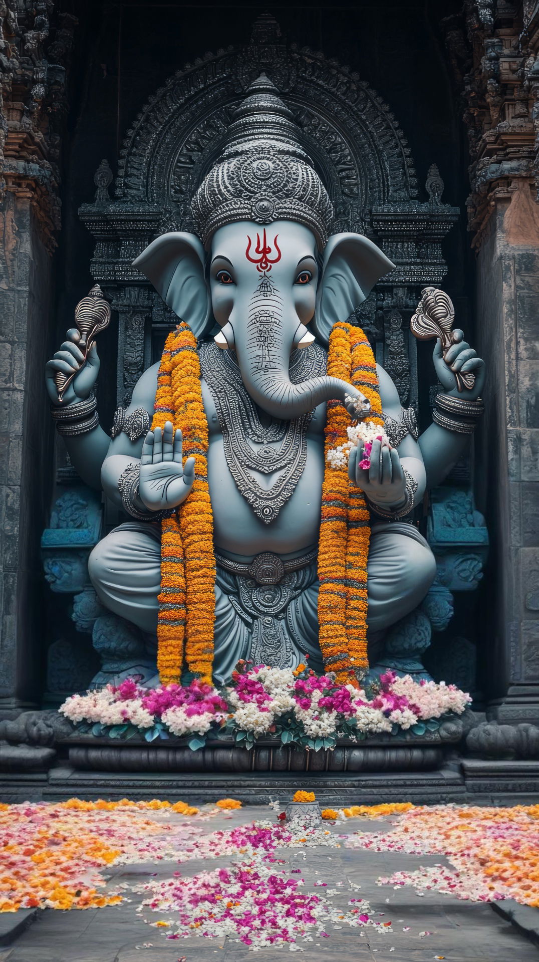 Ganesha statue with flower garland