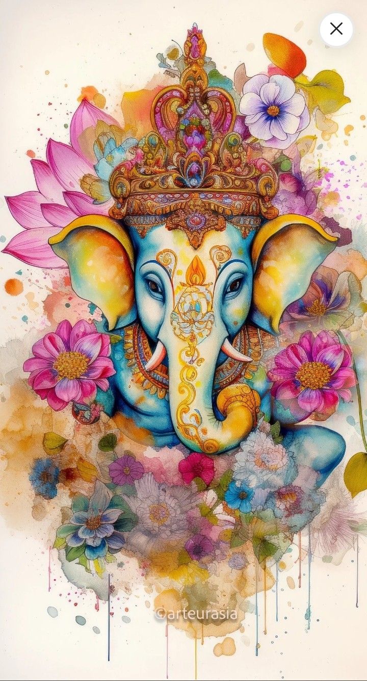 Colorful Ganesha surrounded by lotus flowers