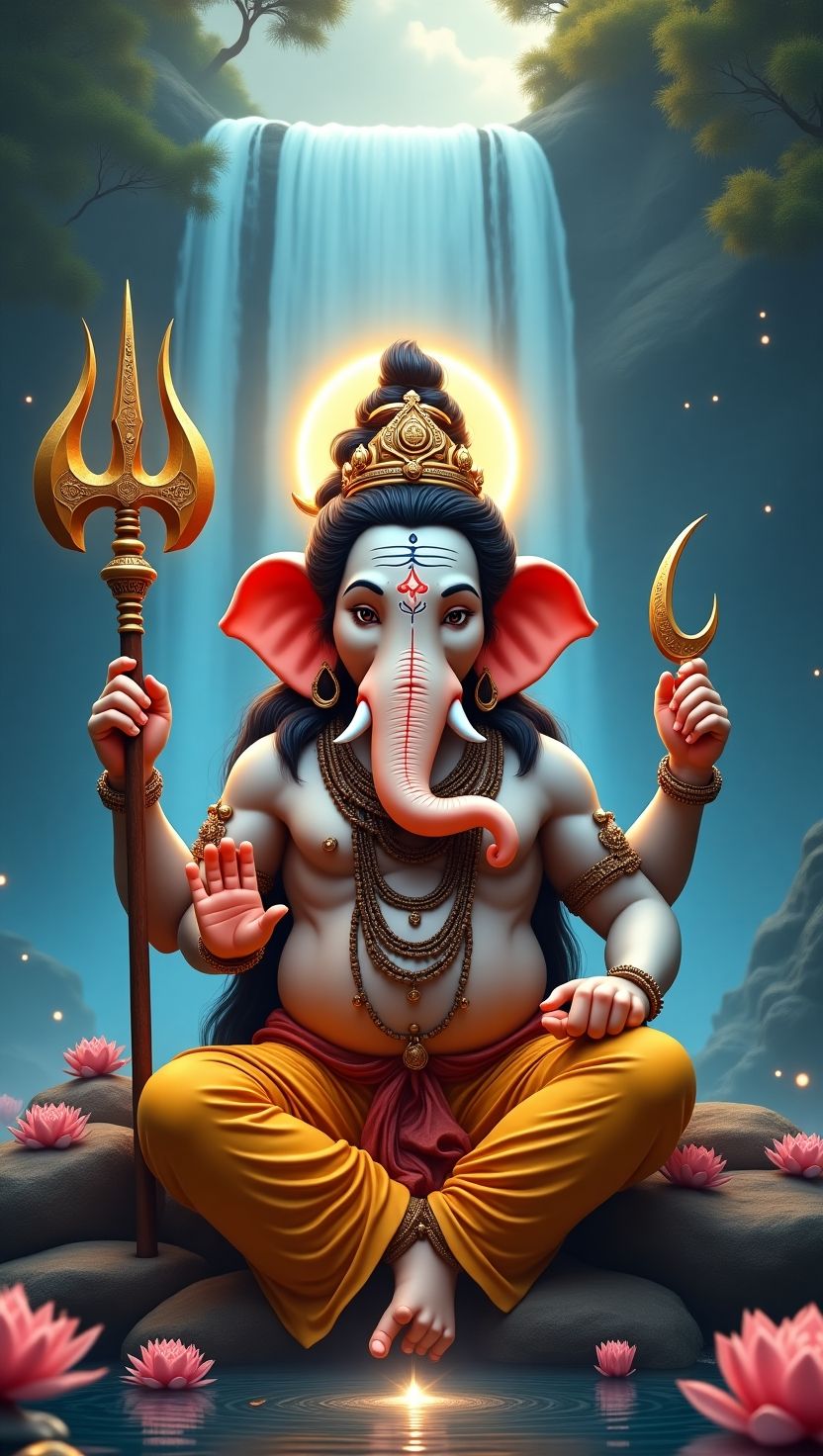 Lord Ganesha amidst a waterfall scene