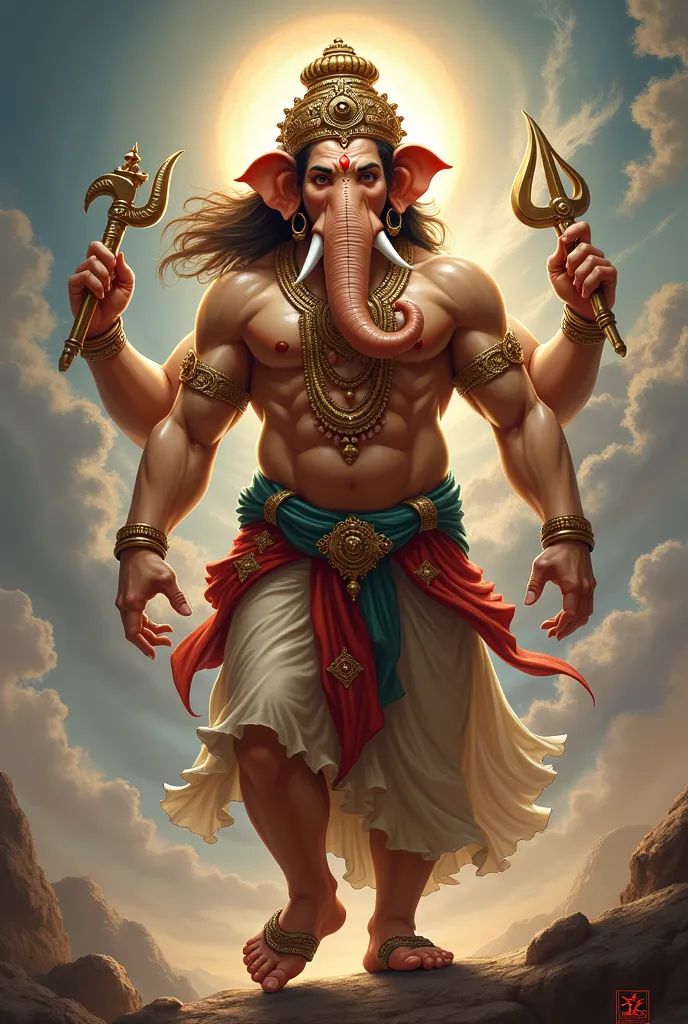 Powerful Ganesha with multiple arms and tridents.