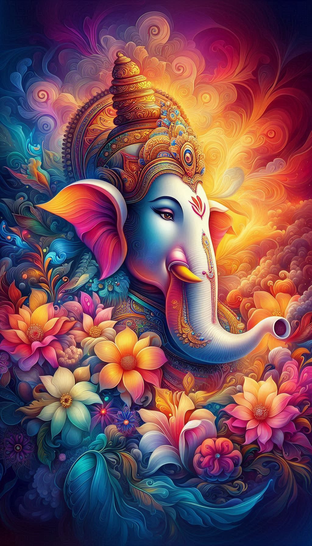 Colorful Ganesha with lotus flowers