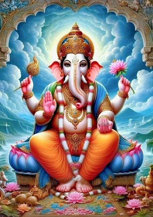 Lord Ganesha seated on lotus flower.