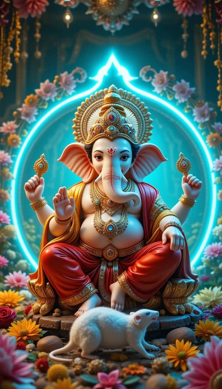 Lord Ganesha with mouse and lotus