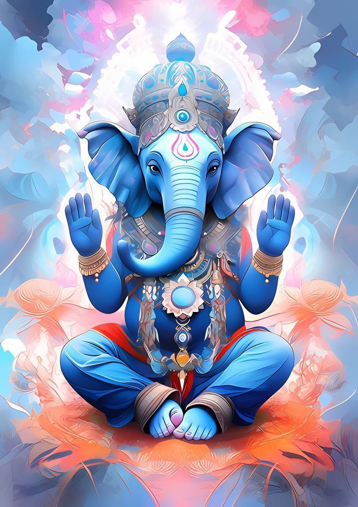 Blue Ganesha seated in lotus position