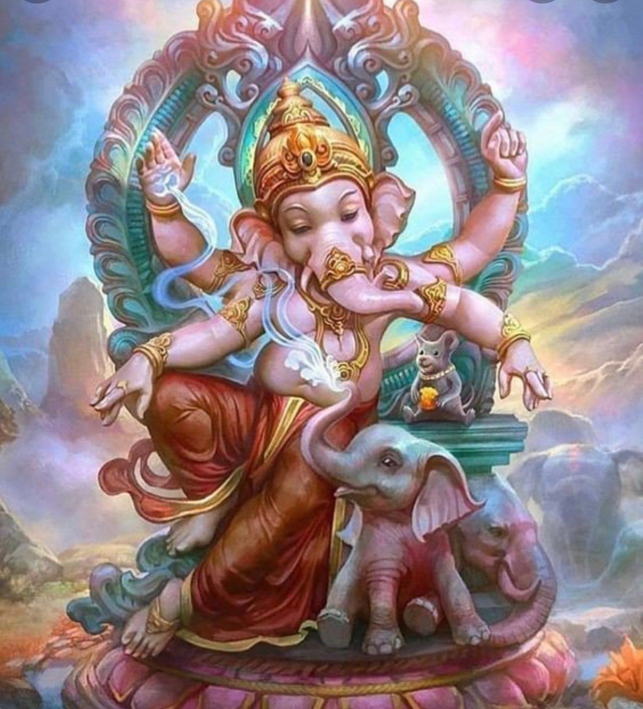 Lord Ganesha with mouse and elephants