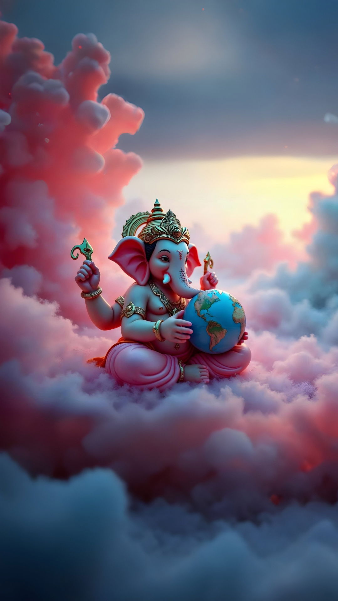 Lord Ganesha among pink clouds