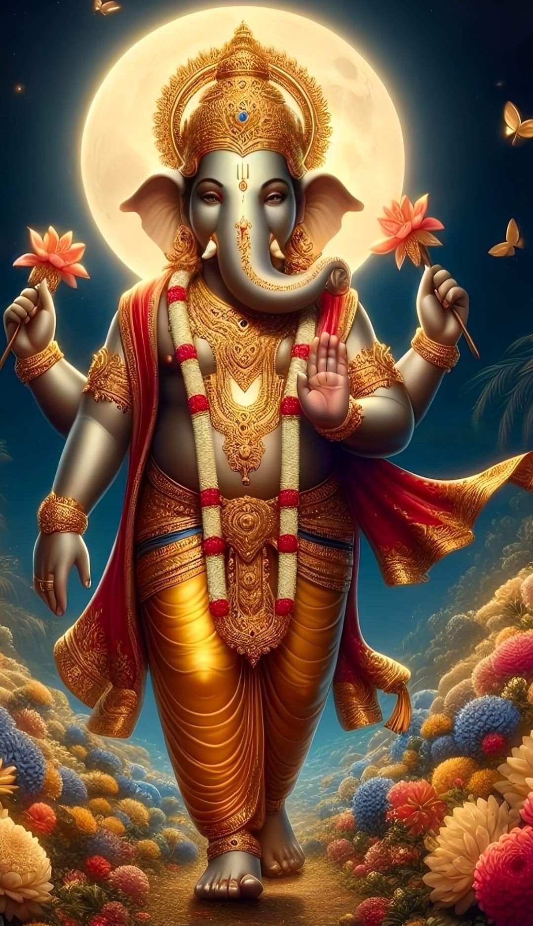 Lord Ganesha surrounded by vibrant flowers