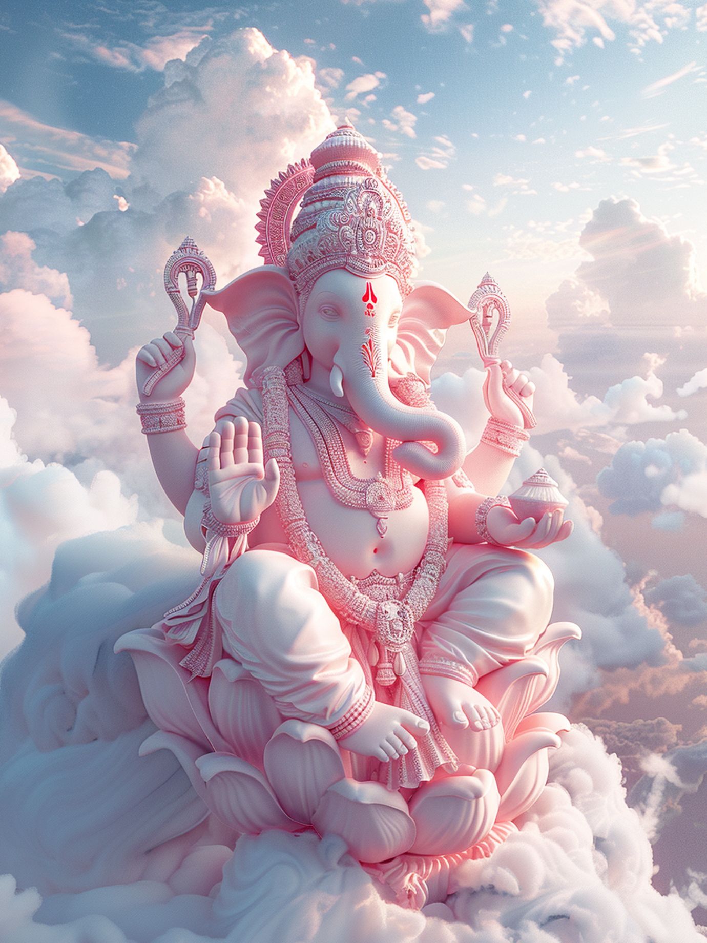 Ganesha amidst peaceful pastel clouds