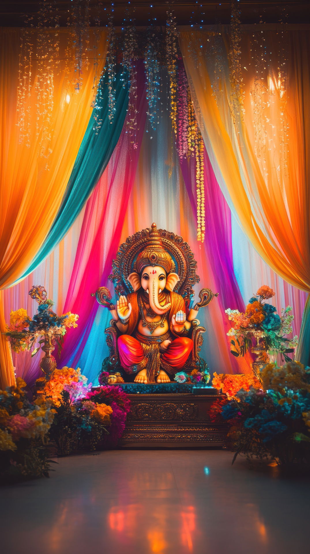 Colorful Ganesha image with floral backdrop