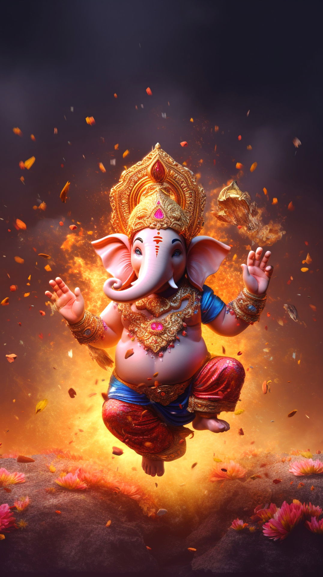 Lord Ganesha amidst falling lotus petals