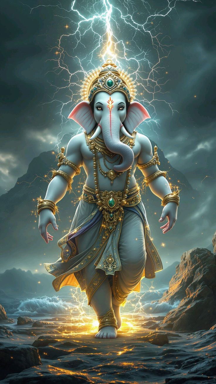 Powerful Ganesha during a celestial storm.
