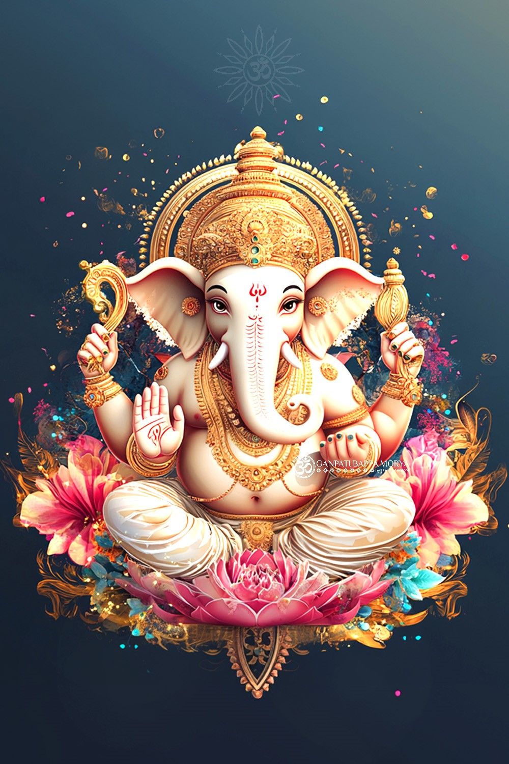Lord Ganesha with lotus and flowers.