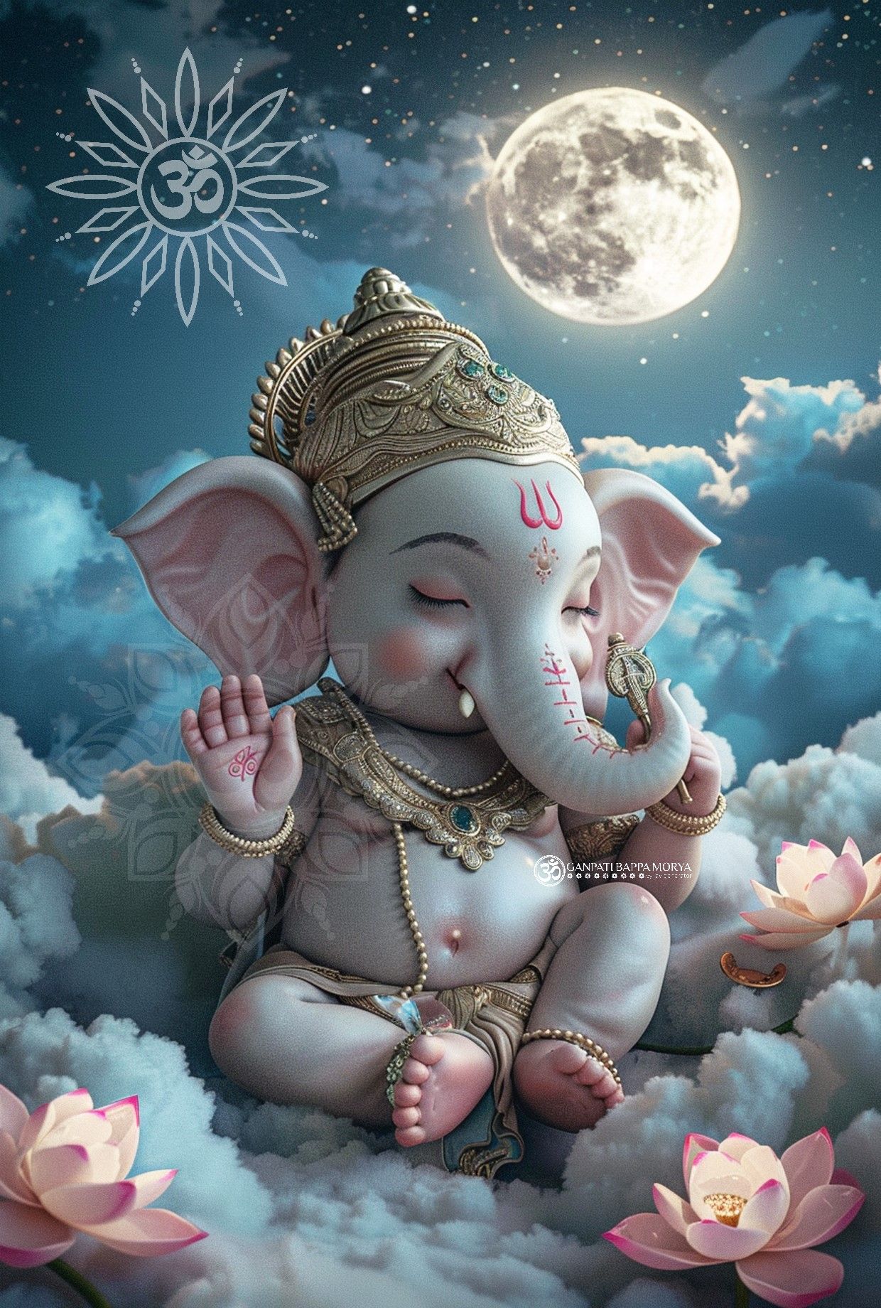 Ganesha amidst clouds and moon