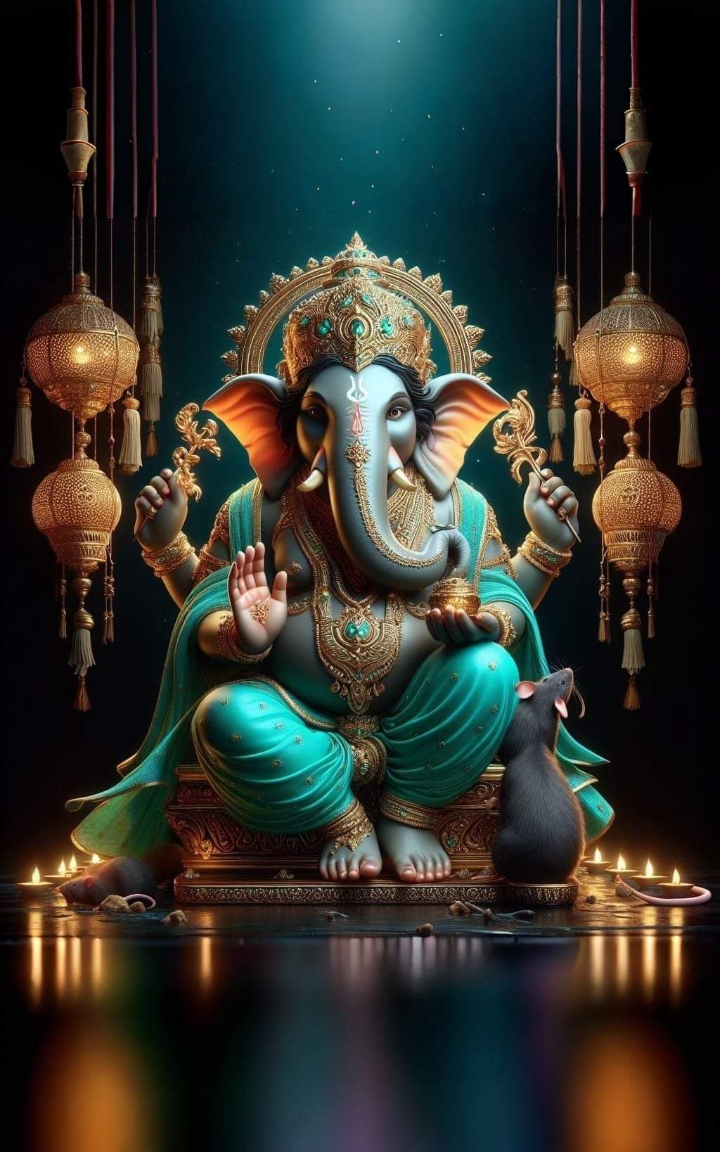 Lord Ganesha seated with mouse and candles