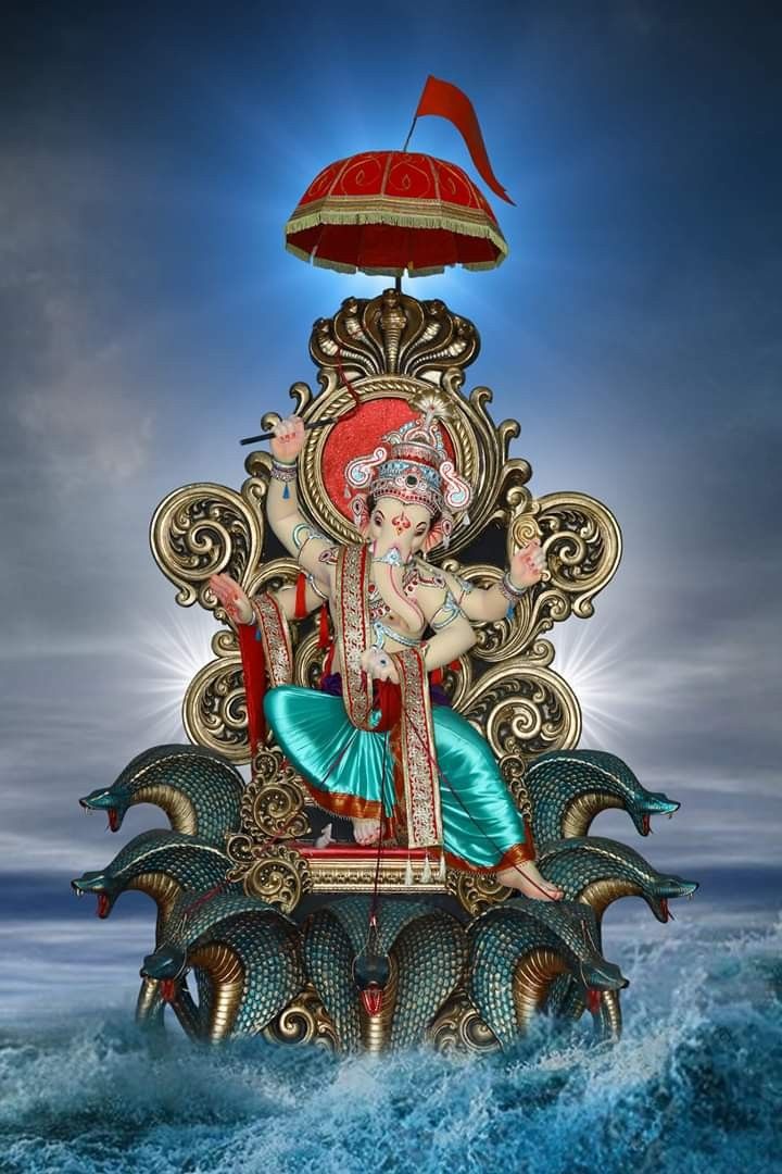 Lord Ganesha seated on ocean throne.