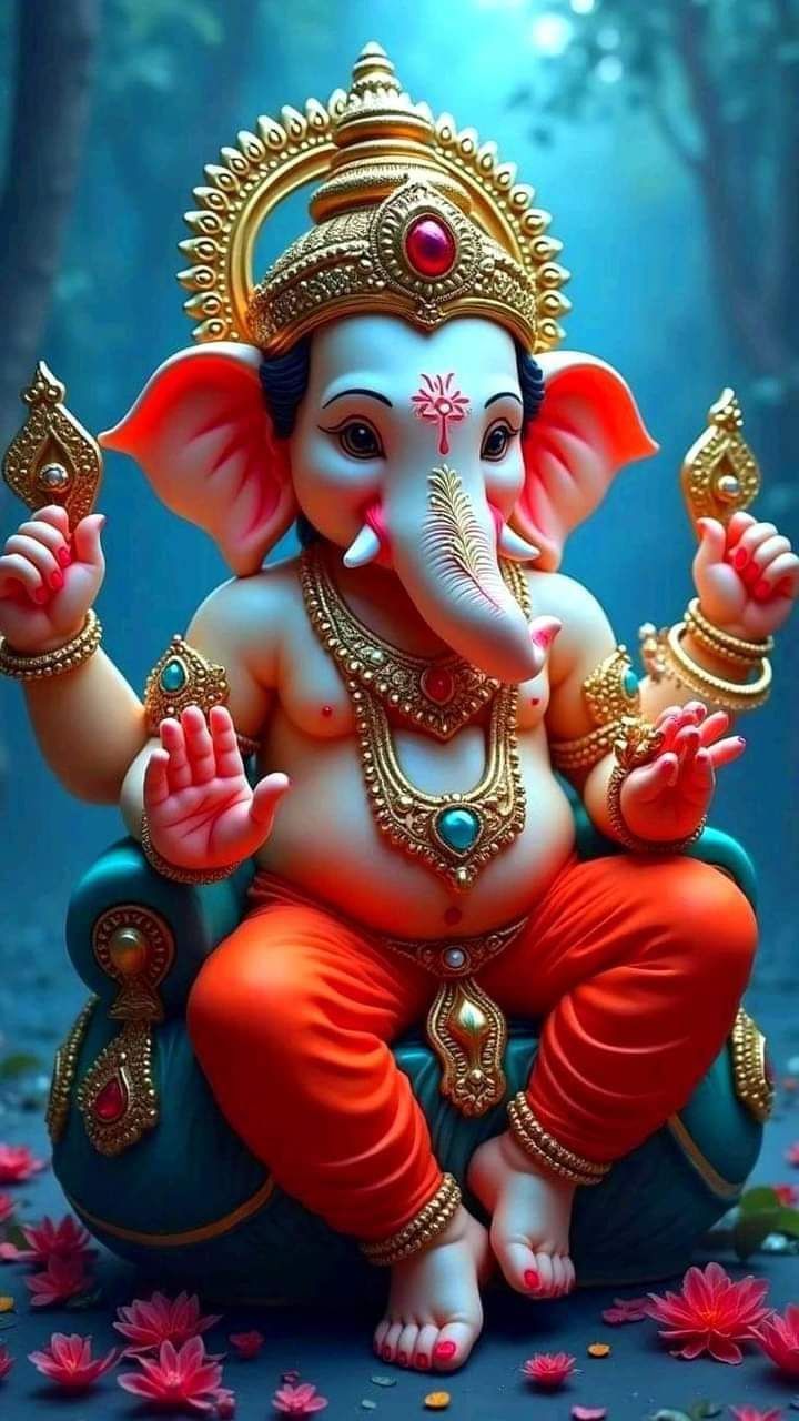 Lord Ganesha seated among lotus flowers