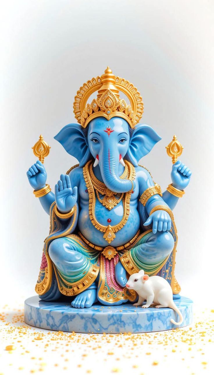 Blue Ganesha statue with a mouse.