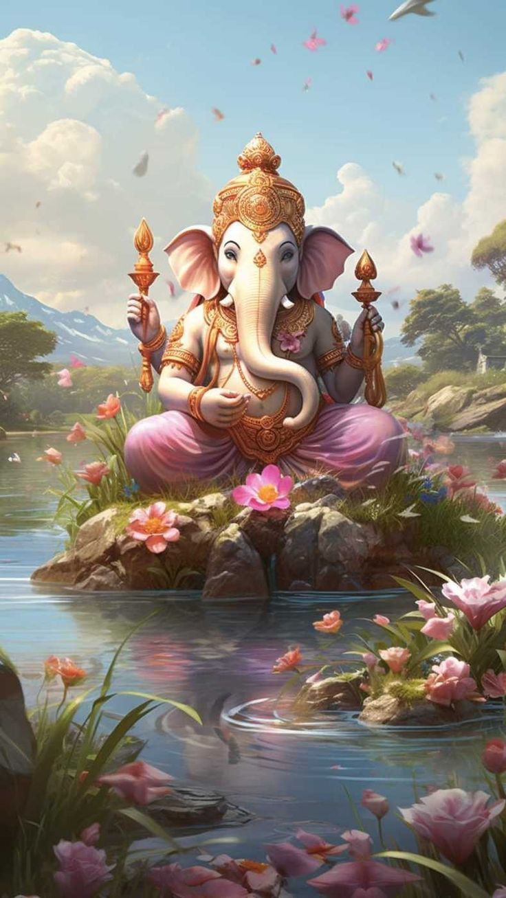 Lord Ganesha among lotus flowers