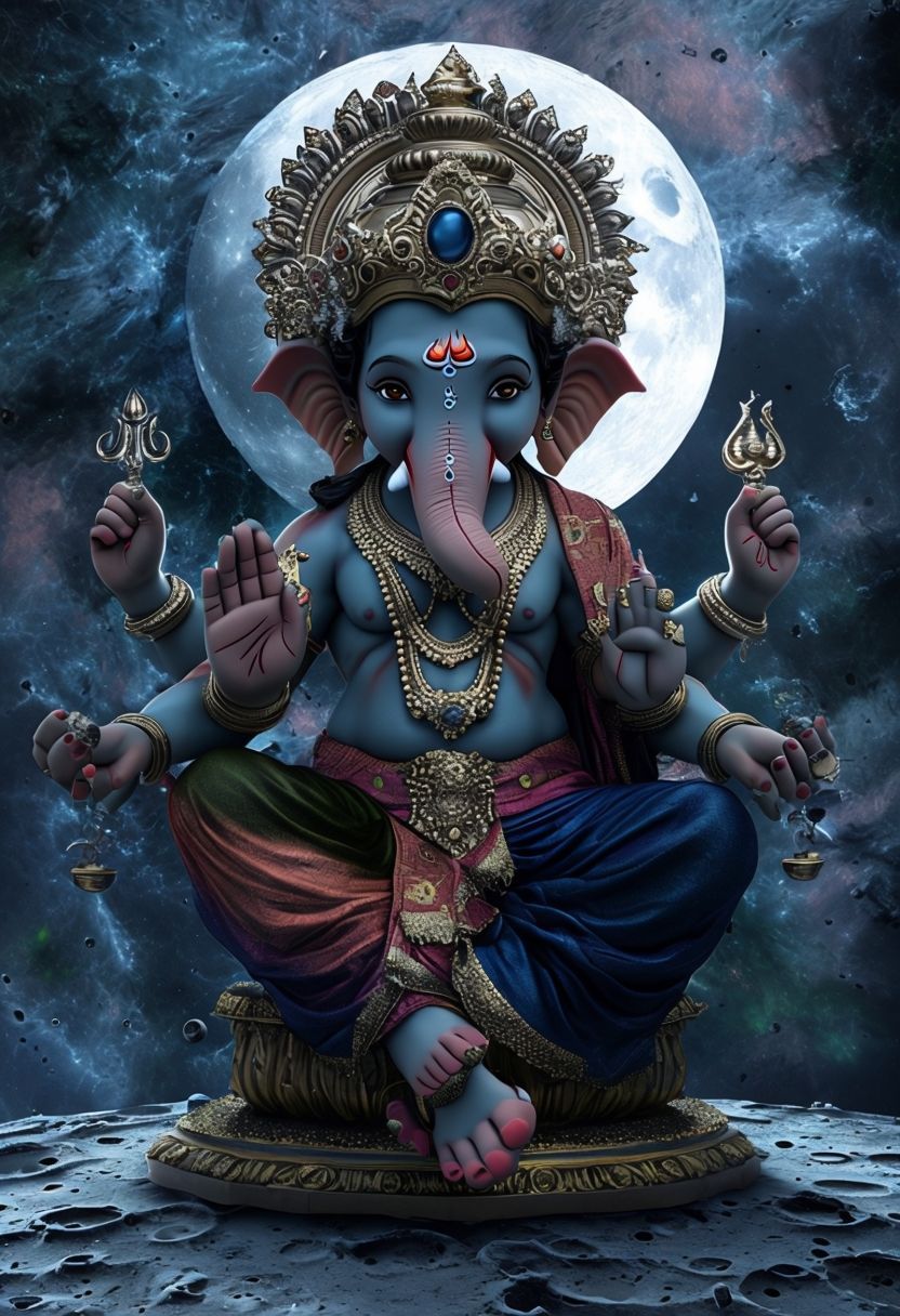 Blue-skinned Ganesha amidst a celestial moon.