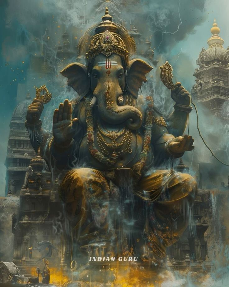 Powerful Ganesha amidst storm and temples