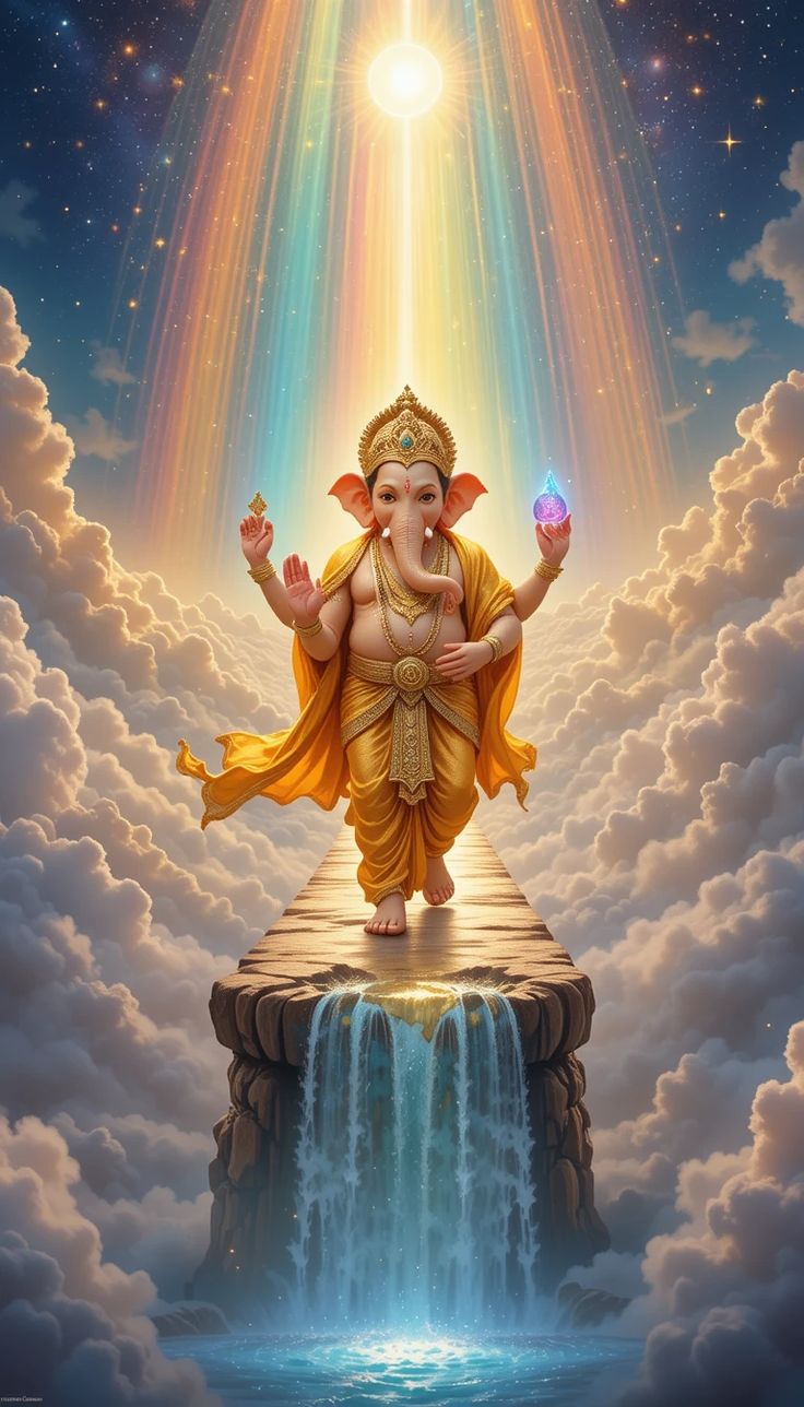 Lord Ganesha amidst clouds and waterfall