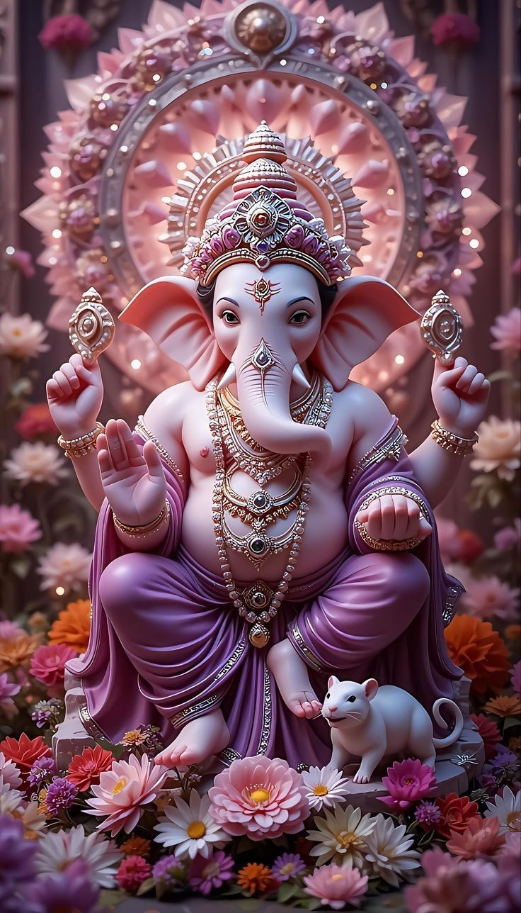 Lord Ganesha surrounded by pink flowers