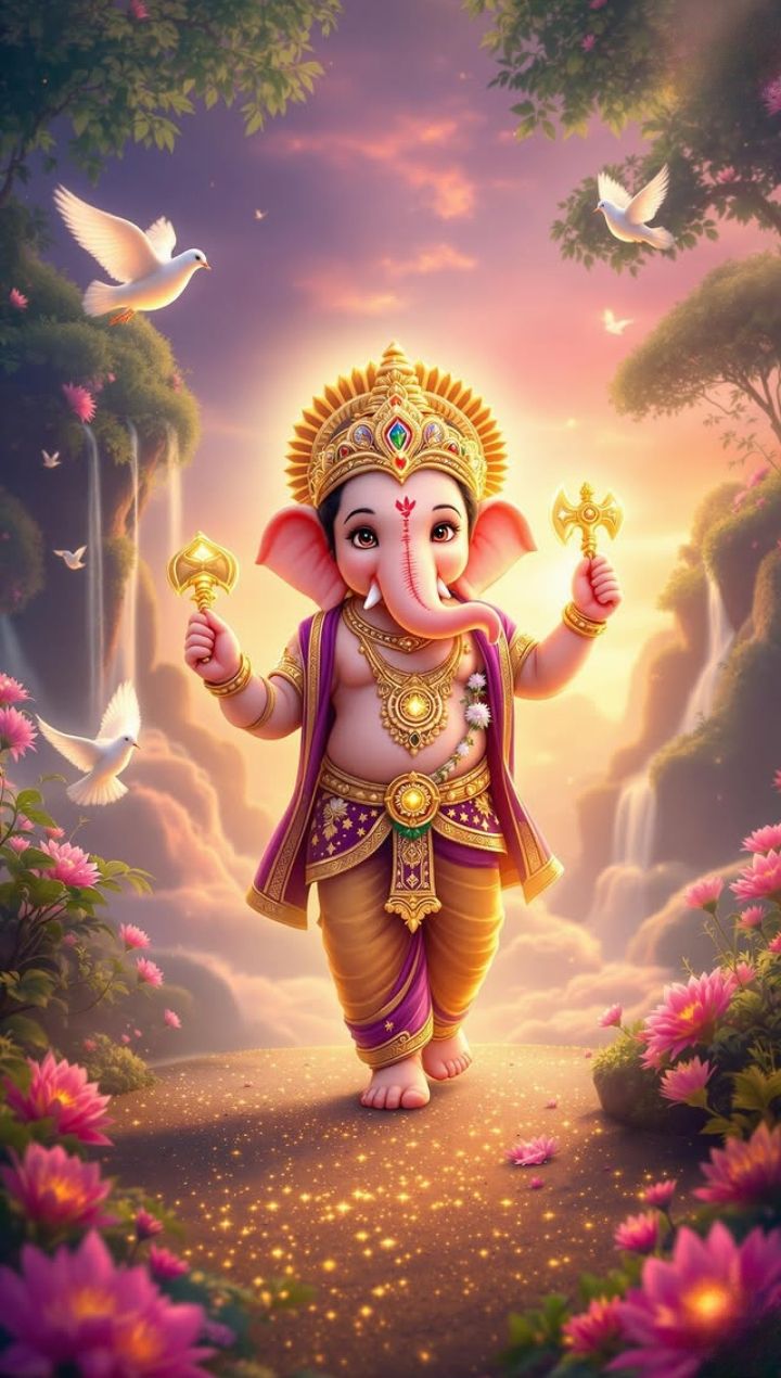 Lord Ganesha in a vibrant floral setting