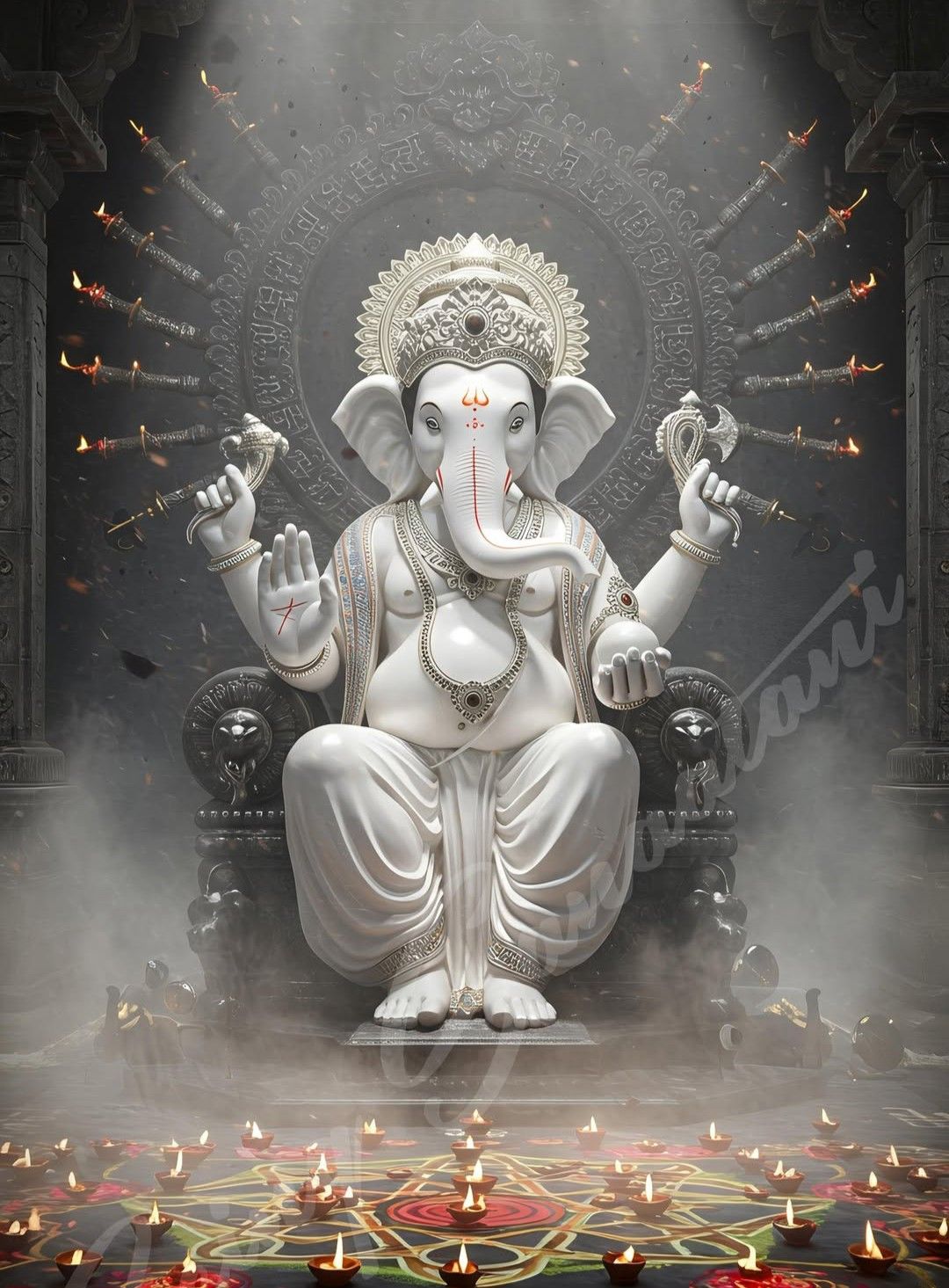 Ganesha seated on throne with diyas