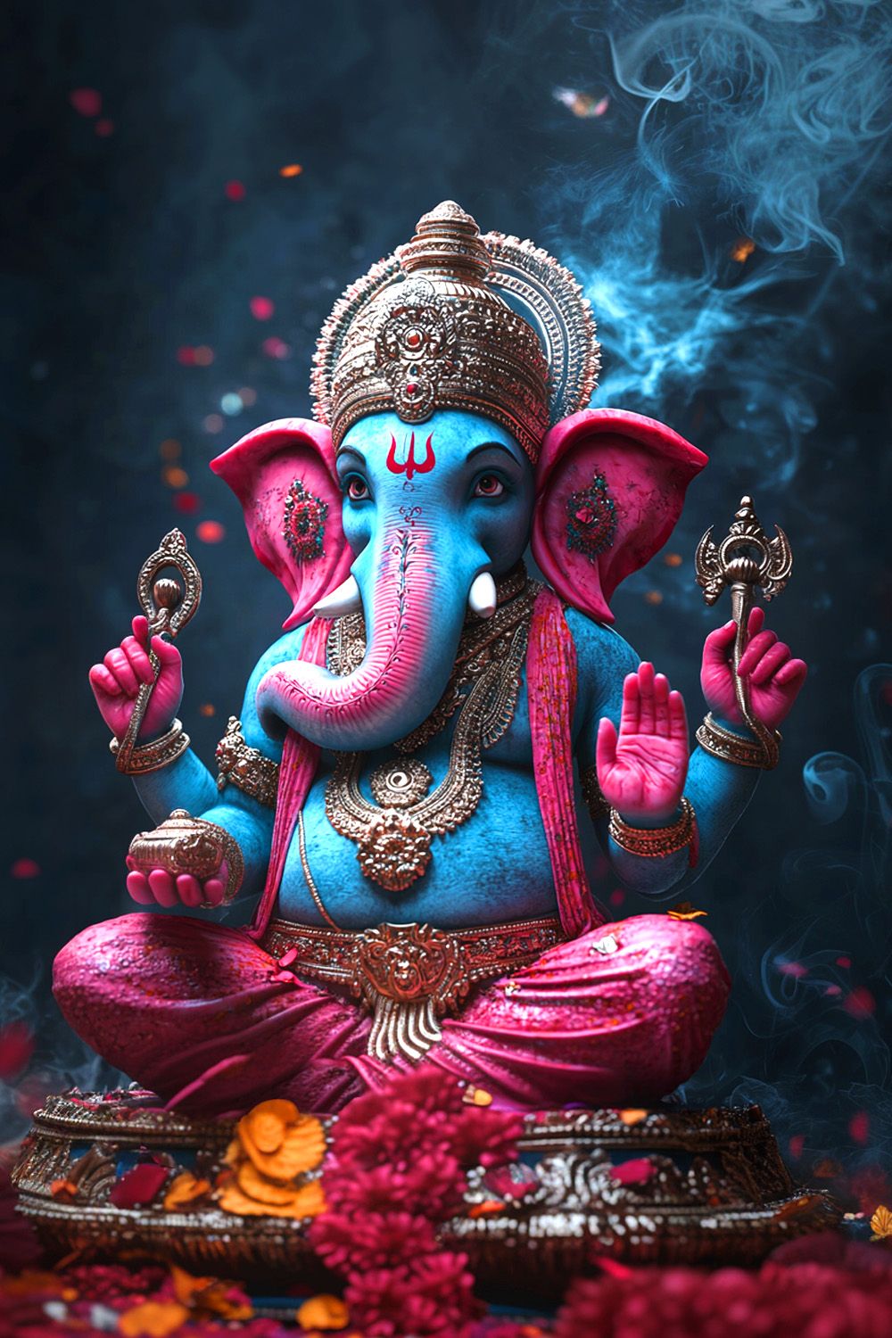 Vibrant Ganesha with incense and flowers.