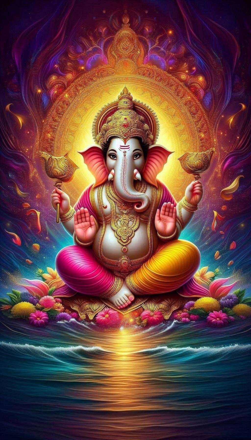 Lord Ganesha seated on a lotus.