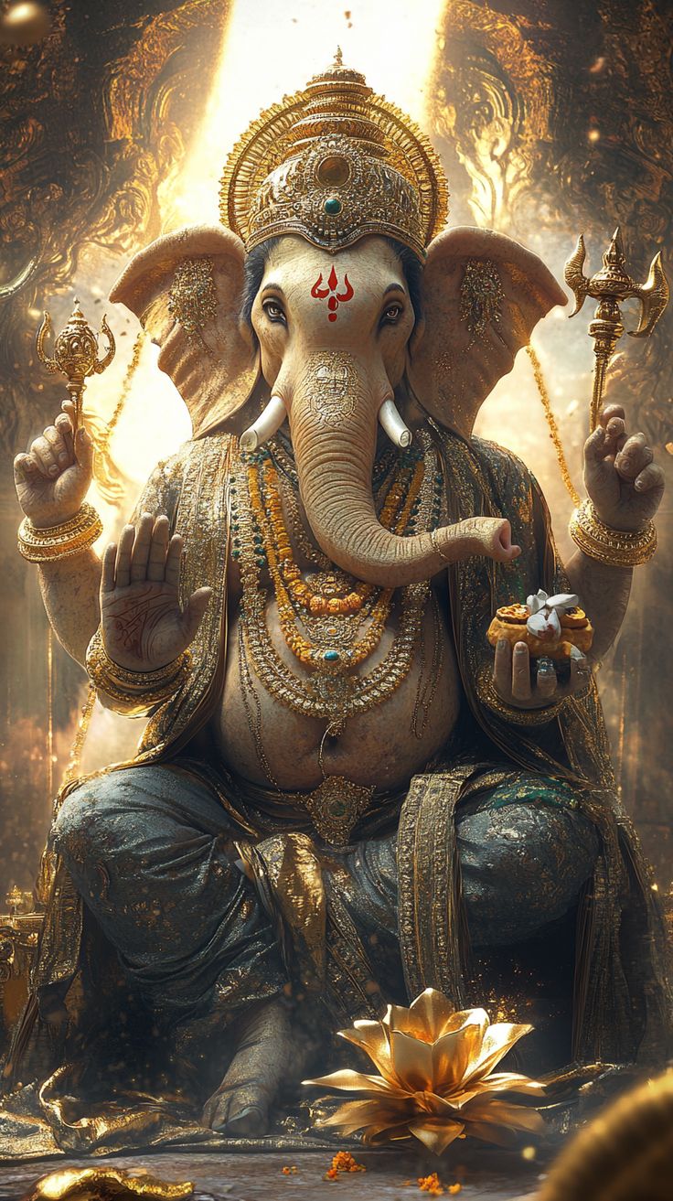 Golden Ganesha with modak and lotus