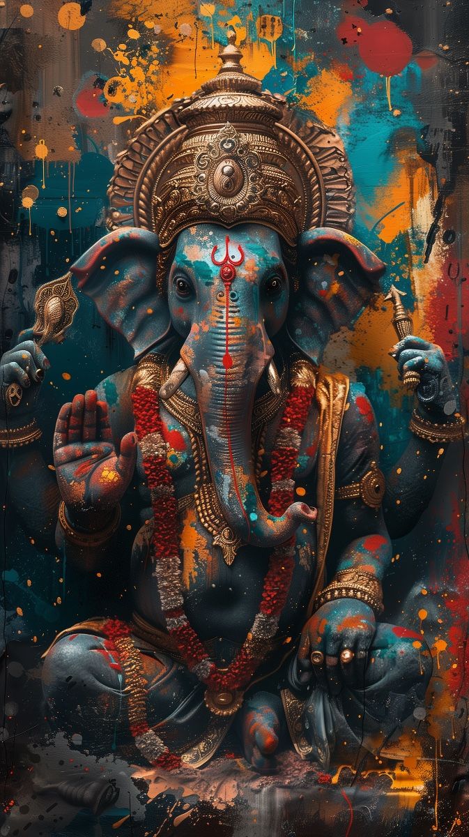 Colorful Ganesha image blessing devotees.