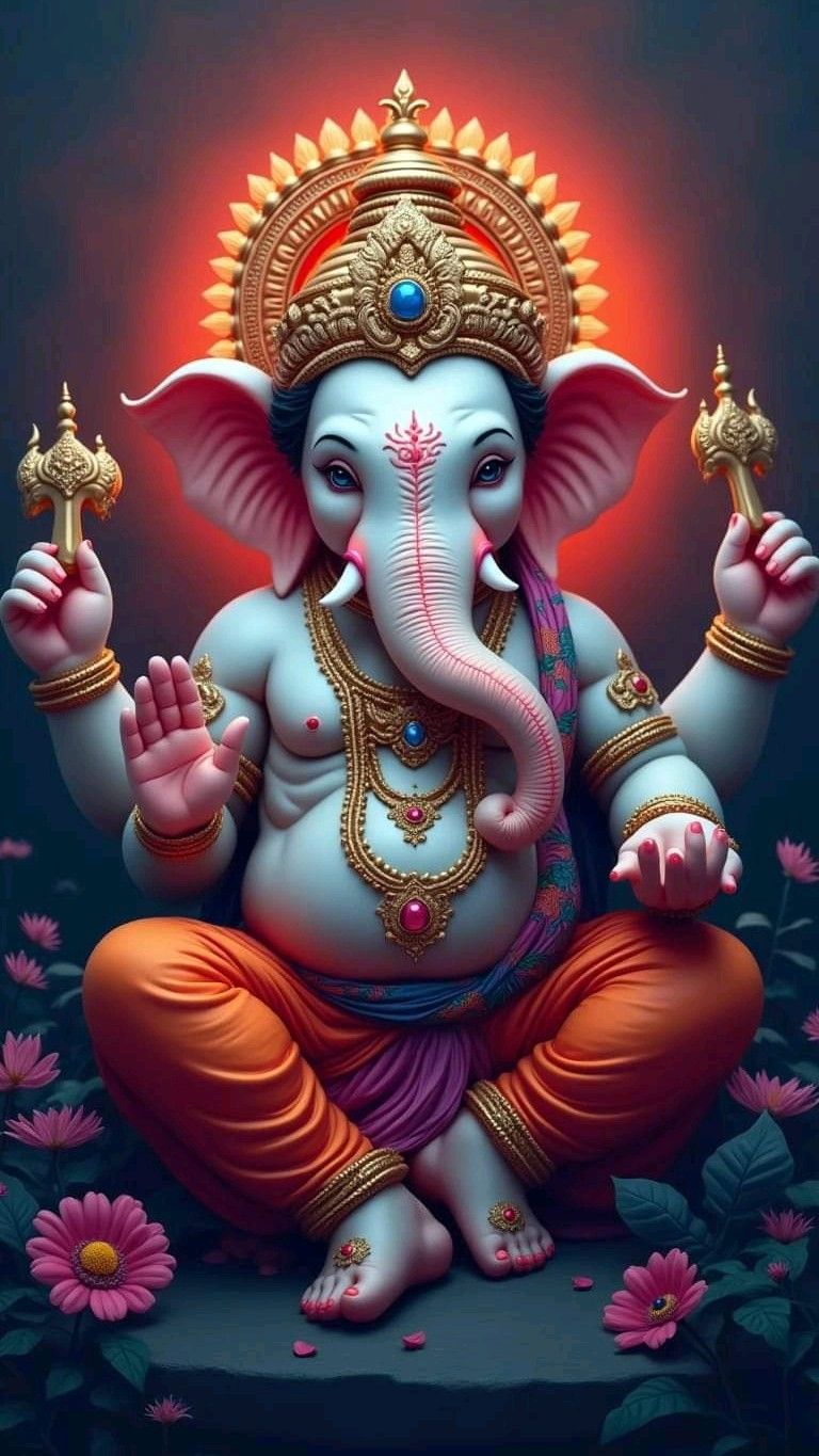 Lord Ganesha with flowers and golden ornaments