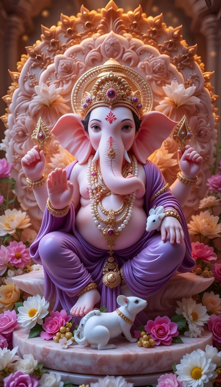 Ganesha with flowers and mouse