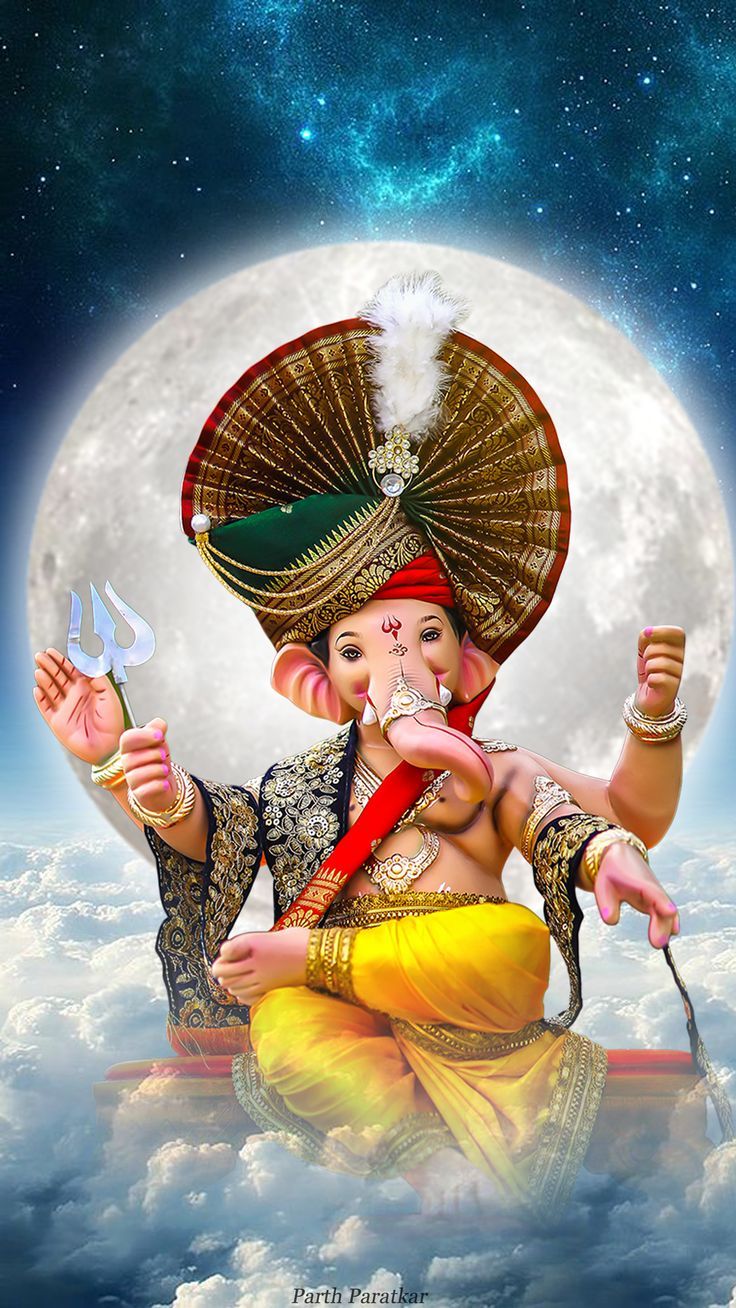 Lord Ganesha amidst clouds and moon
