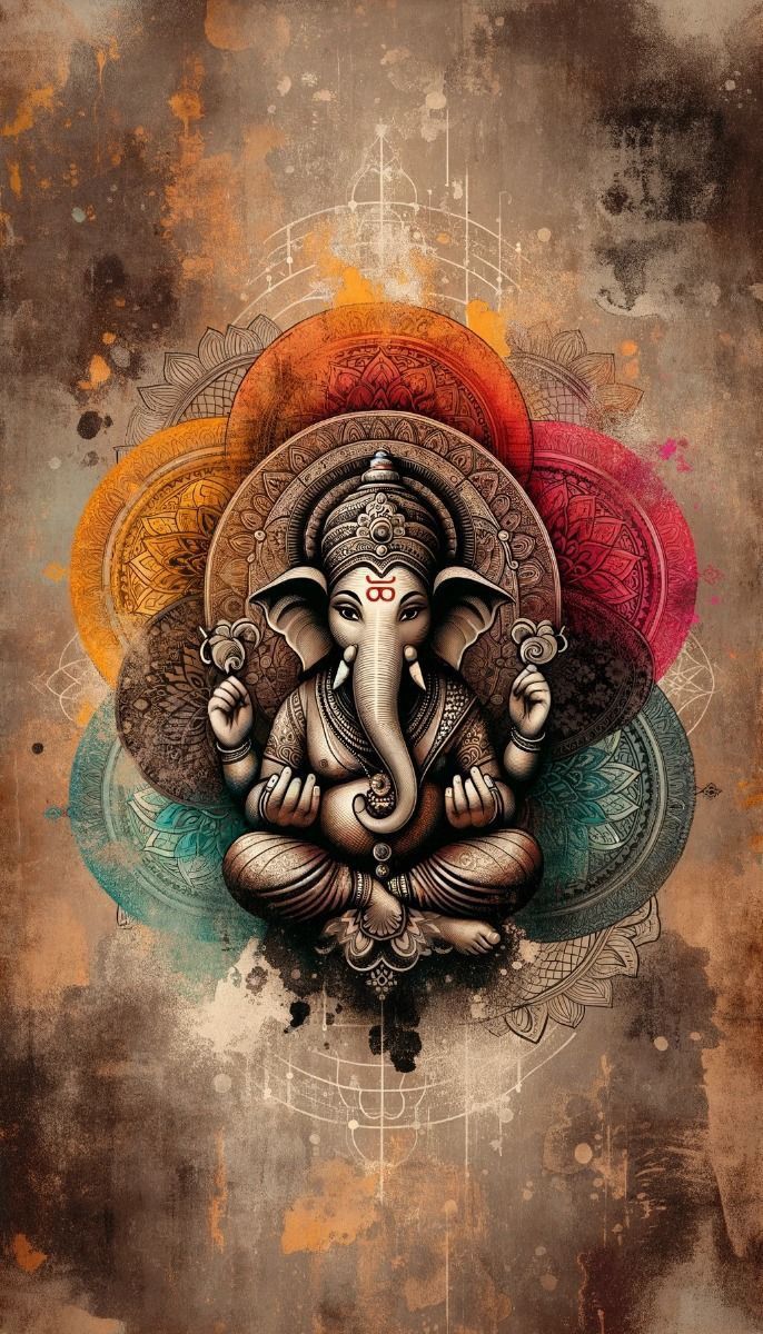 Lord Ganesha amidst colorful mandala art