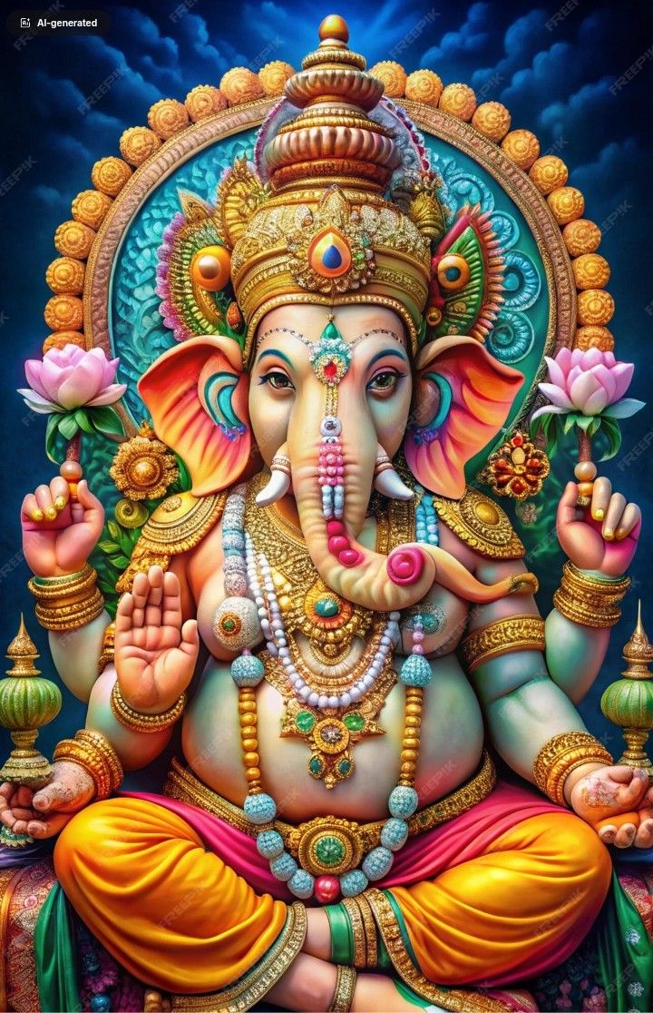 Ganesha surrounded by lotus flowers.