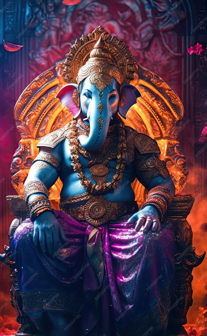Lord Ganesha sits on golden throne