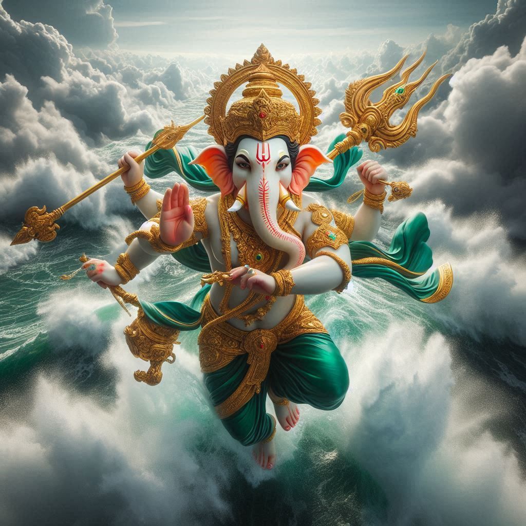 Lord Ganesha rising from stormy ocean