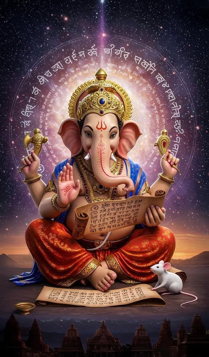 Lord Ganesha amidst celestial mantras