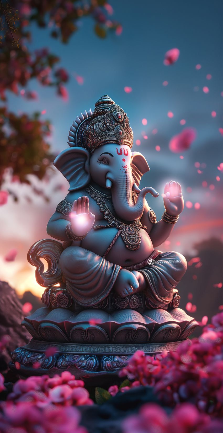 Ganesha surrounded by pink lotus flowers