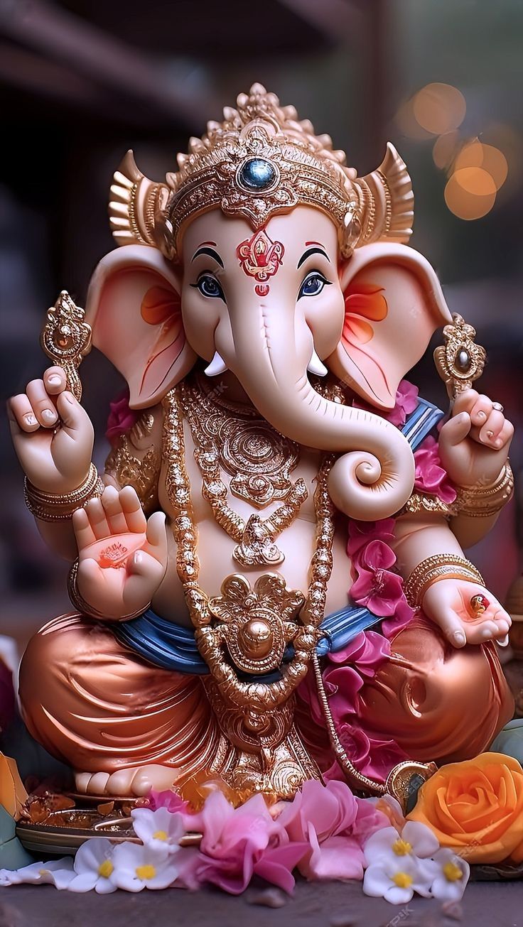 Golden Ganesha statue with lotus flowers