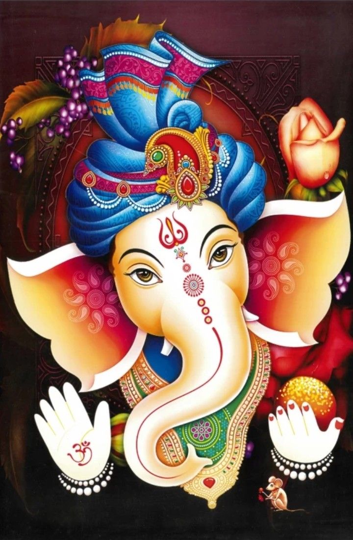 Colorful Ganesha head with floral crown